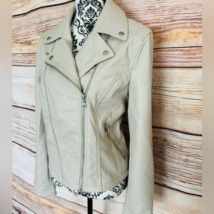 Express Women's Beige Full Zip Long Sleeve Vegan Leather Moto Jacket Size L NWT